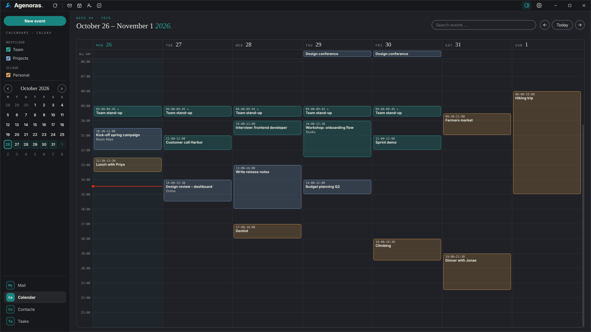 Calendar week view with recurring and all-day events across several calendars