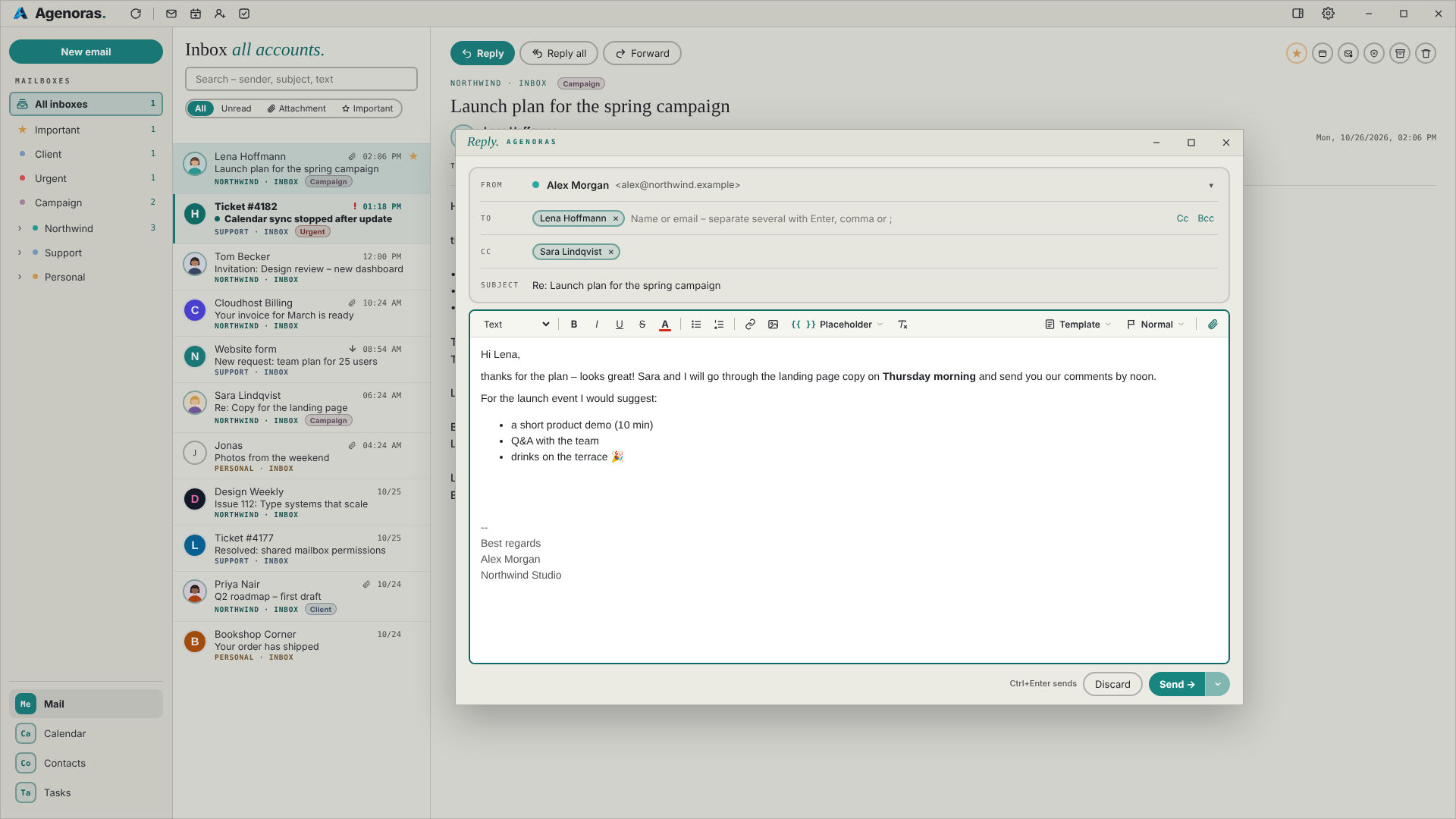 Compose window with recipients, formatted text and signature in light mode