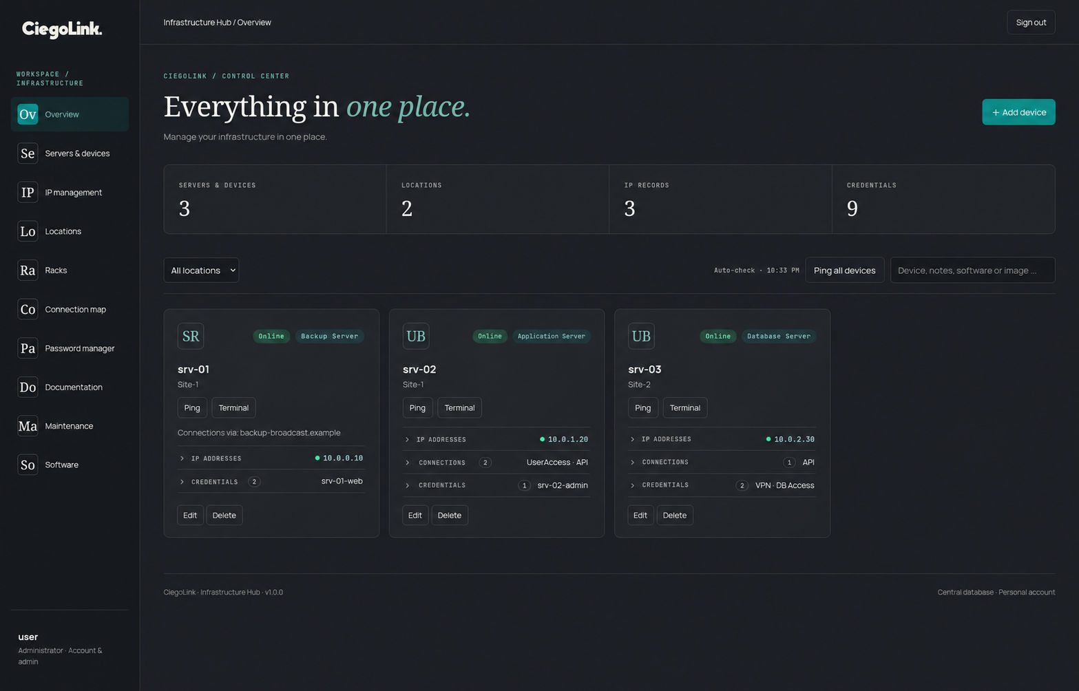 Hub overview in dark mode: counters for devices, locations, IP records and credentials, and server cards with online status, ping and terminal buttons